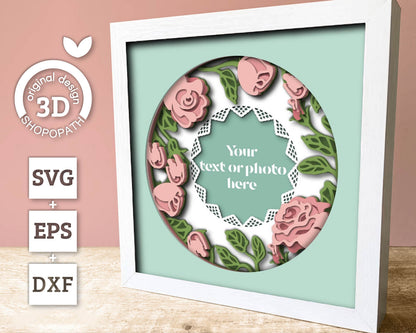 3D Layered Roses with Lace Frame SVG EPS, Custom Name Photo Frame, Floral Shadow Box, Rose 3D Svg Crafting Layered Papercut svg, Cricut