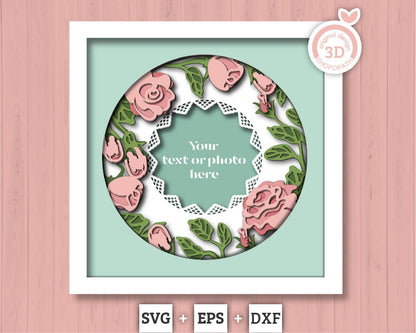 3D Layered Roses with Lace Frame SVG EPS, Custom Name Photo Frame, Floral Shadow Box, Rose 3D Svg Crafting Layered Papercut svg, Cricut