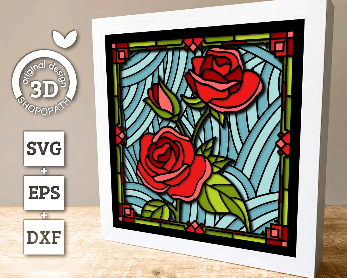 3D SVG Stained Glass Roses Flowers Shadow Box, 3D Flowers svg, 3D Roses Stained Glass Papercut, Roses Shadow Box svg, Cricut Silhouette