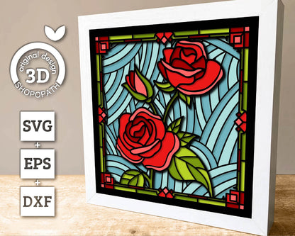 3D SVG Stained Glass Roses Flowers Shadow Box, 3D Flowers svg, 3D Roses Stained Glass Papercut, Roses Shadow Box svg, Cricut Silhouette