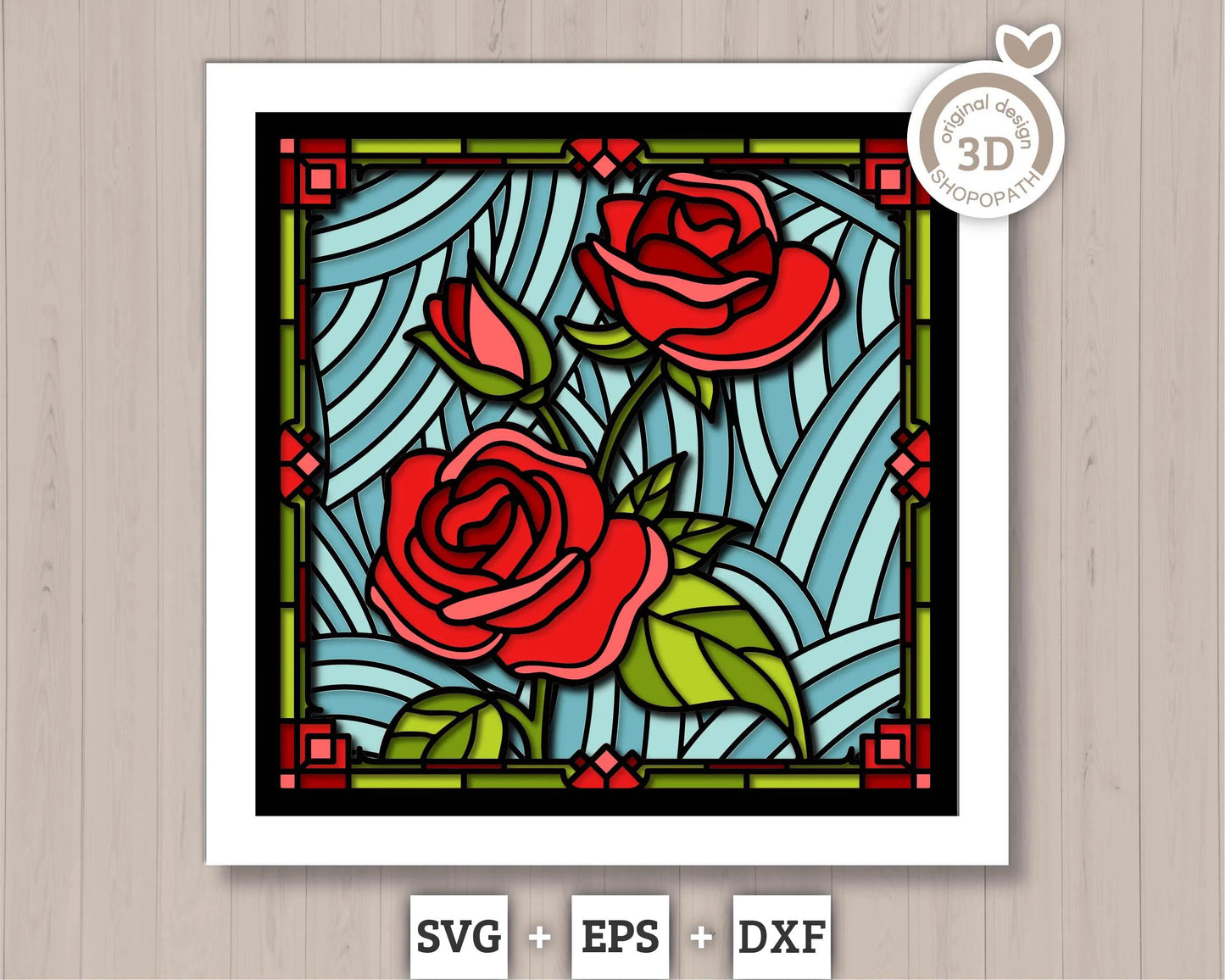 3D SVG Stained Glass Roses Flowers Shadow Box, 3D Flowers svg, 3D Roses Stained Glass Papercut, Roses Shadow Box svg, Cricut Silhouette