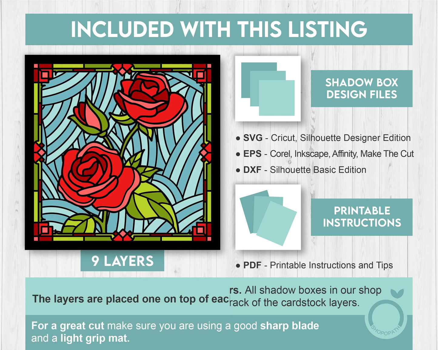3D SVG Stained Glass Roses Flowers Shadow Box, 3D Flowers svg, 3D Roses Stained Glass Papercut, Roses Shadow Box svg, Cricut Silhouette