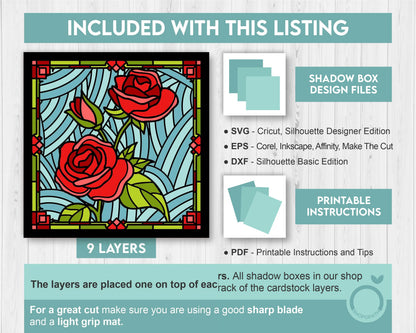 3D SVG Stained Glass Roses Flowers Shadow Box, 3D Flowers svg, 3D Roses Stained Glass Papercut, Roses Shadow Box svg, Cricut Silhouette