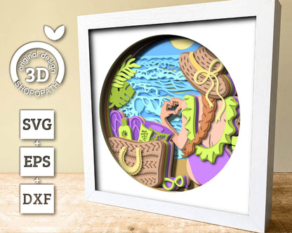 3D SVG Woman Sitting On Beach Shadow Box, Sea 3D svg , Beach 3D Svg, Summer 3d Svg, Woman 3d svg, Beach Day 3d SVG, Cricut Silhouette