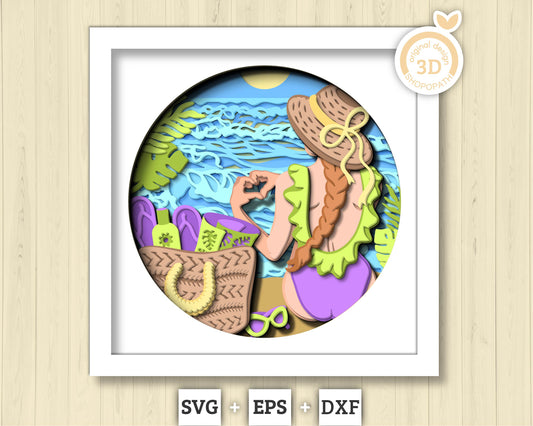 3D SVG Woman Sitting On Beach Shadow Box, Sea 3D svg , Beach 3D Svg, Summer 3d Svg, Woman 3d svg, Beach Day 3d SVG, Cricut Silhouette