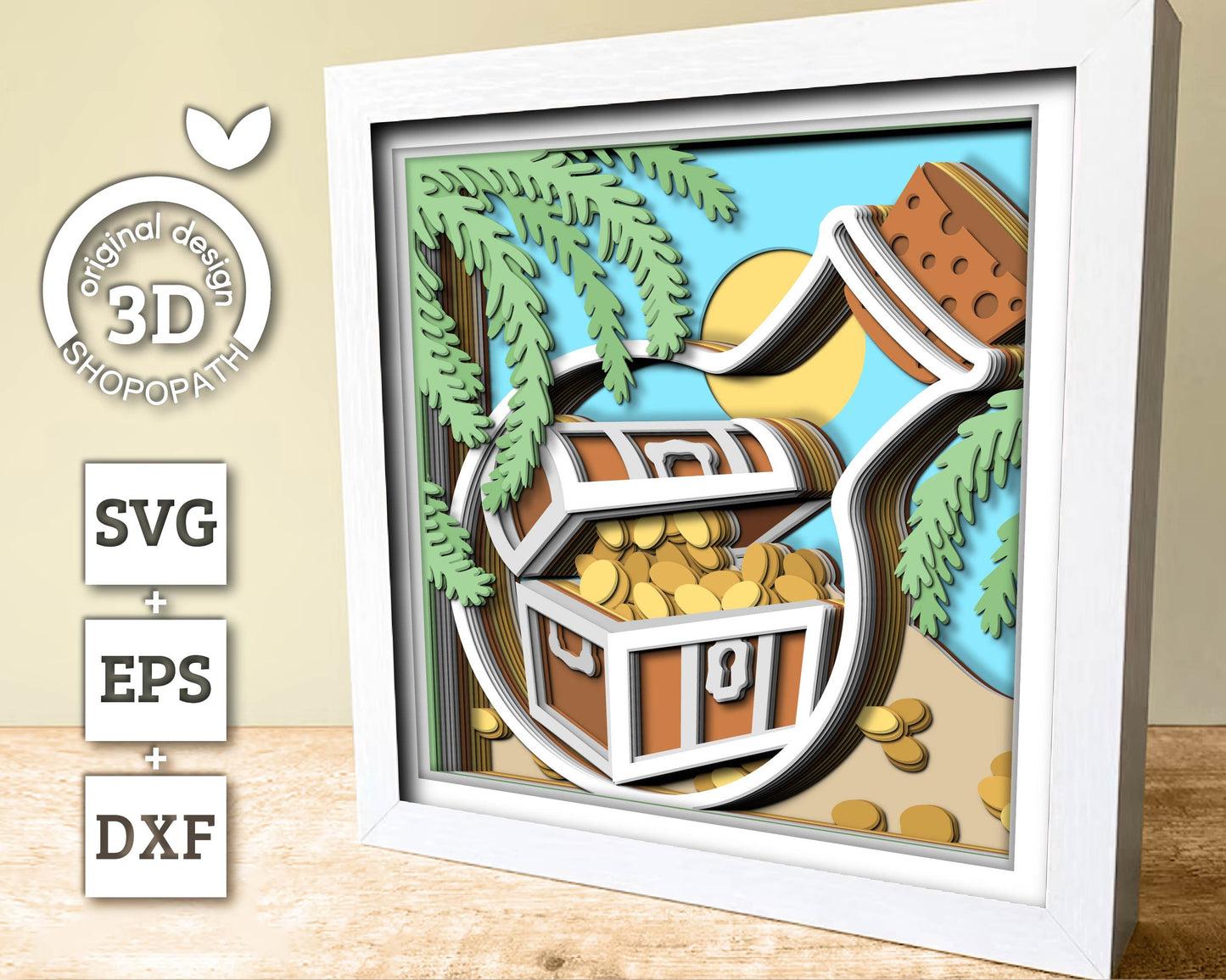 3D SVG Treasure Chest In Bottle Shadow Box, Treasure Chest 3D Svg, Beach 3d Svg, Sea 3D svg, Summer 3d Svg Treasure 3d svg Cricut Silhouette