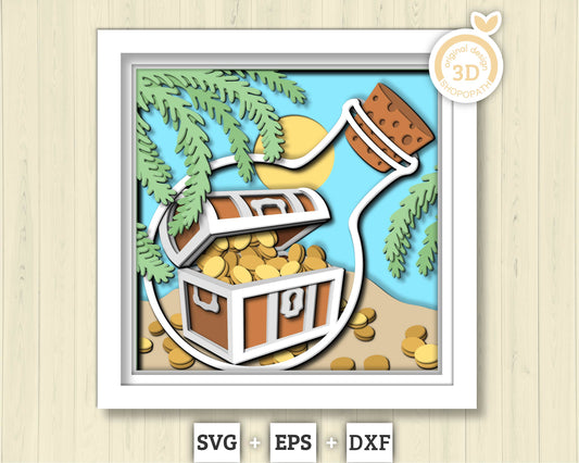 3D SVG Treasure Chest In Bottle Shadow Box, Treasure Chest 3D Svg, Beach 3d Svg, Sea 3D svg, Summer 3d Svg Treasure 3d svg Cricut Silhouette