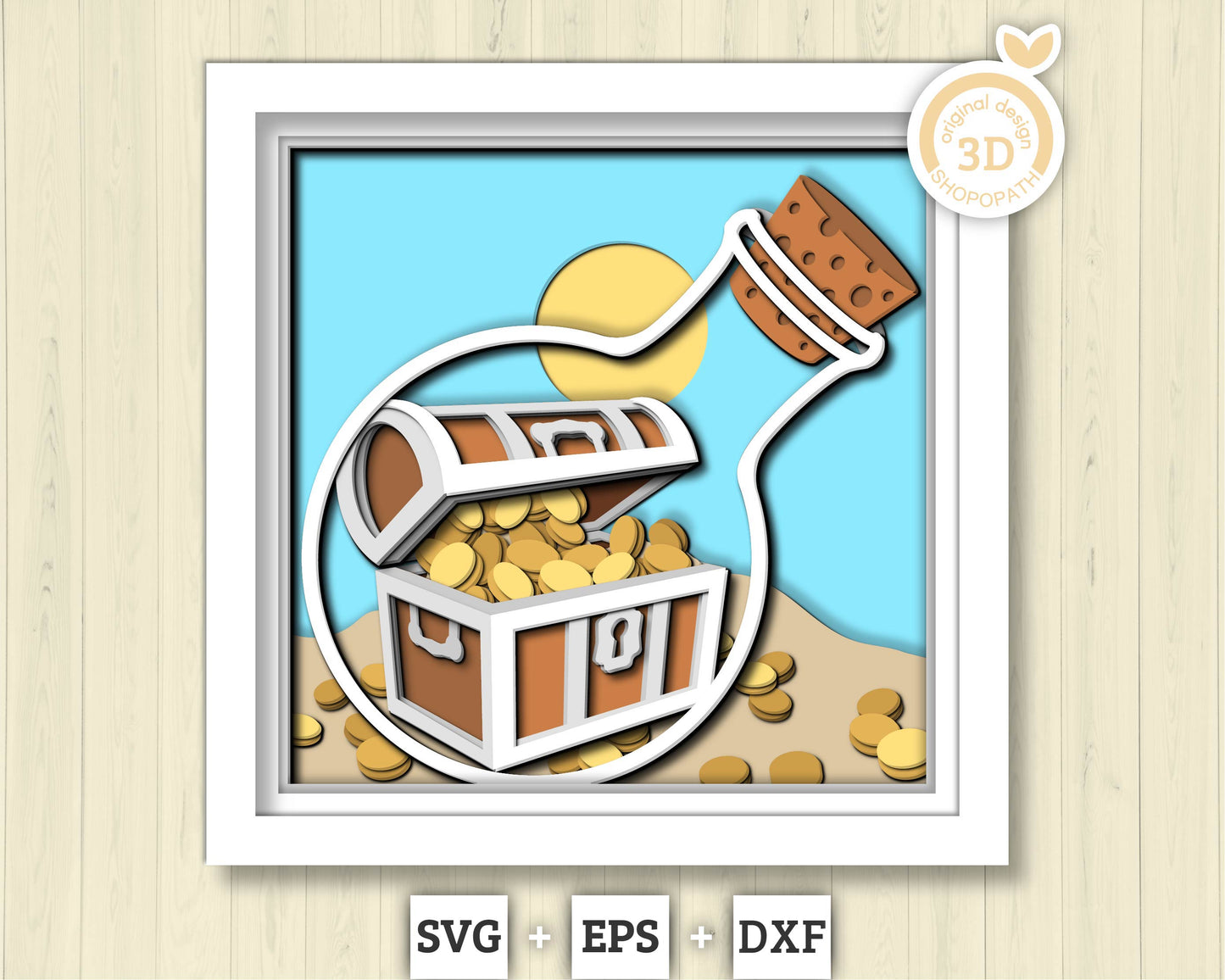 3D SVG Treasure Chest In Bottle Shadow Box, Treasure Chest 3D Svg, Beach 3d Svg, Sea 3D svg, Summer 3d Svg Treasure 3d svg Cricut Silhouette