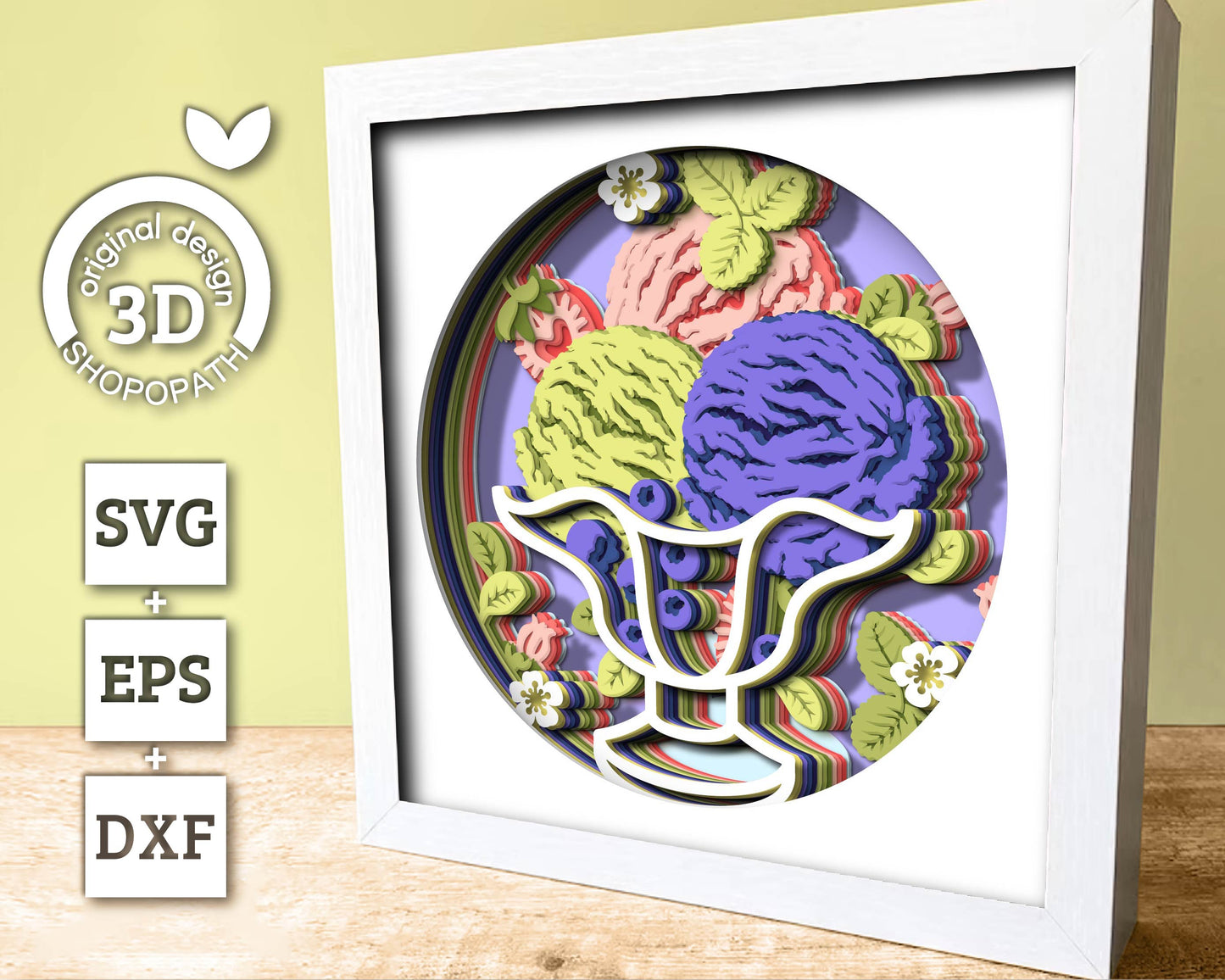 3D SVG Ice Cream In Glass Cup Shadow Box SVG, 3d SVG Ice Cream, Strawberries 3D Svg, Blueberries 3d svg, Summer 3d svg Cricut Silhouette
