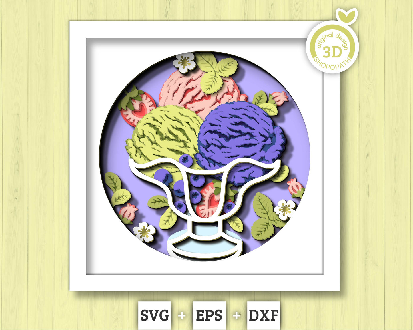 3D SVG Ice Cream In Glass Cup Shadow Box SVG, 3d SVG Ice Cream, Strawberries 3D Svg, Blueberries 3d svg, Summer 3d svg Cricut Silhouette