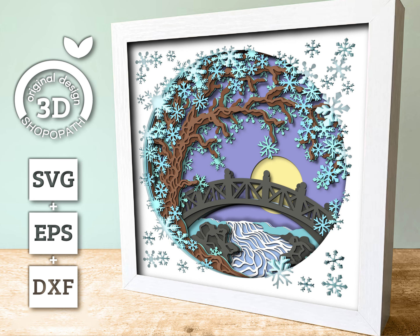 3D SVG Winter Tree With A Footbridge Over a Stream Shadow Box, 3D Winter SVG, Layered Snowflakes 3D Svg, Shopopath 3d SVG, Cricut Silhouette