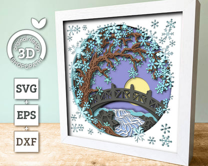 3D SVG Winter Tree With A Footbridge Over a Stream Shadow Box, 3D Winter SVG, Layered Snowflakes 3D Svg, Shopopath 3d SVG, Cricut Silhouette