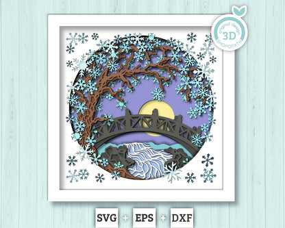 3D SVG Winter Tree With A Footbridge Over a Stream Shadow Box, 3D Winter SVG, Layered Snowflakes 3D Svg, Shopopath 3d SVG, Cricut Silhouette