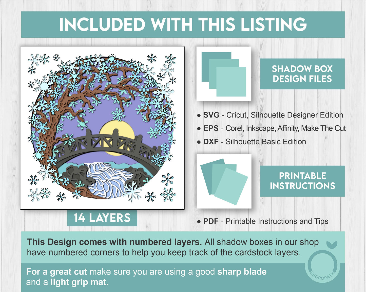 3D SVG Winter Tree With A Footbridge Over a Stream Shadow Box, 3D Winter SVG, Layered Snowflakes 3D Svg, Shopopath 3d SVG, Cricut Silhouette