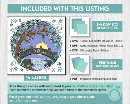 3D SVG Winter Tree With A Footbridge Over a Stream Shadow Box, 3D Winter SVG, Layered Snowflakes 3D Svg, Shopopath 3d SVG, Cricut Silhouette