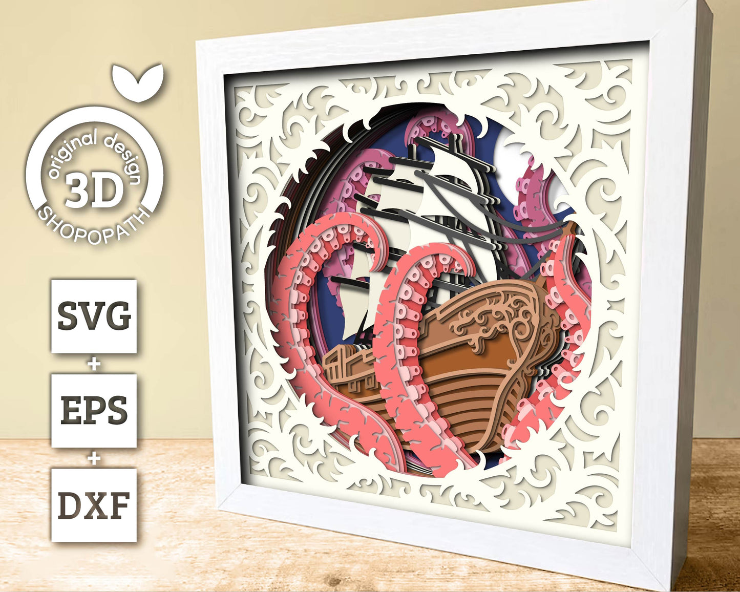 3D SVG Sailing Ship With Tentacles Lace Frame Shadow Box, Ship 3D Svg, Octopus 3d Svg, Summer 3d Svg, Sailboat 3d svg, Cricut Silhouette