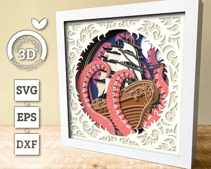 3D SVG Sailing Ship With Tentacles Lace Frame Shadow Box, Ship 3D Svg, Octopus 3d Svg, Summer 3d Svg, Sailboat 3d svg, Cricut Silhouette