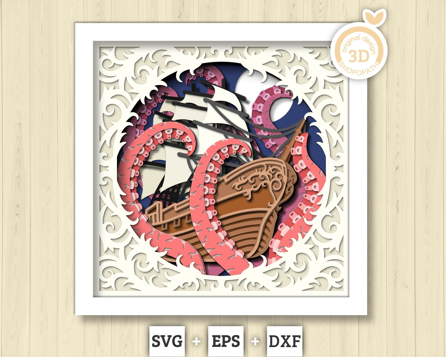 3D SVG Sailing Ship With Tentacles Lace Frame Shadow Box, Ship 3D Svg, Octopus 3d Svg, Summer 3d Svg, Sailboat 3d svg, Cricut Silhouette