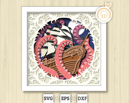 3D SVG Sailing Ship With Tentacles Lace Frame Shadow Box, Ship 3D Svg, Octopus 3d Svg, Summer 3d Svg, Sailboat 3d svg, Cricut Silhouette