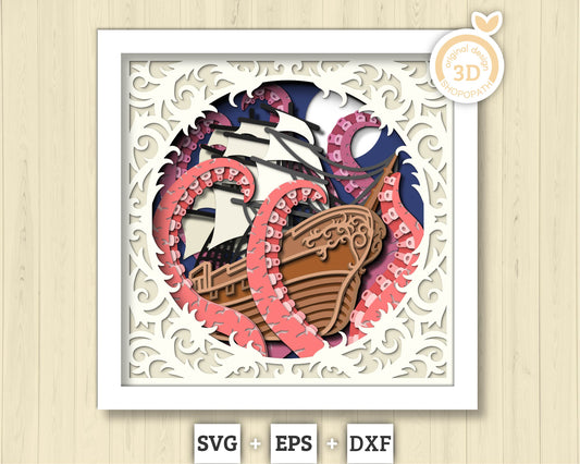 3D SVG Sailing Ship With Tentacles Lace Frame Shadow Box, Ship 3D Svg, Octopus 3d Svg, Summer 3d Svg, Sailboat 3d svg, Cricut Silhouette