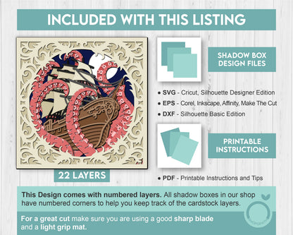 3D SVG Sailing Ship With Tentacles Lace Frame Shadow Box, Ship 3D Svg, Octopus 3d Svg, Summer 3d Svg, Sailboat 3d svg, Cricut Silhouette
