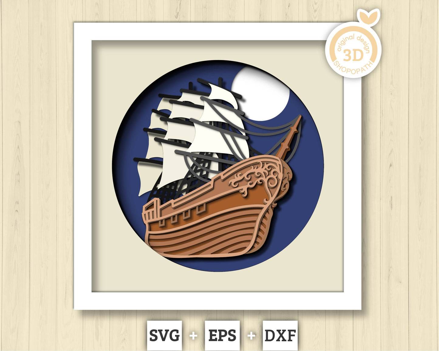 3D SVG Sailing Ship With Tentacles Lace Frame Shadow Box, Ship 3D Svg, Octopus 3d Svg, Summer 3d Svg, Sailboat 3d svg, Cricut Silhouette