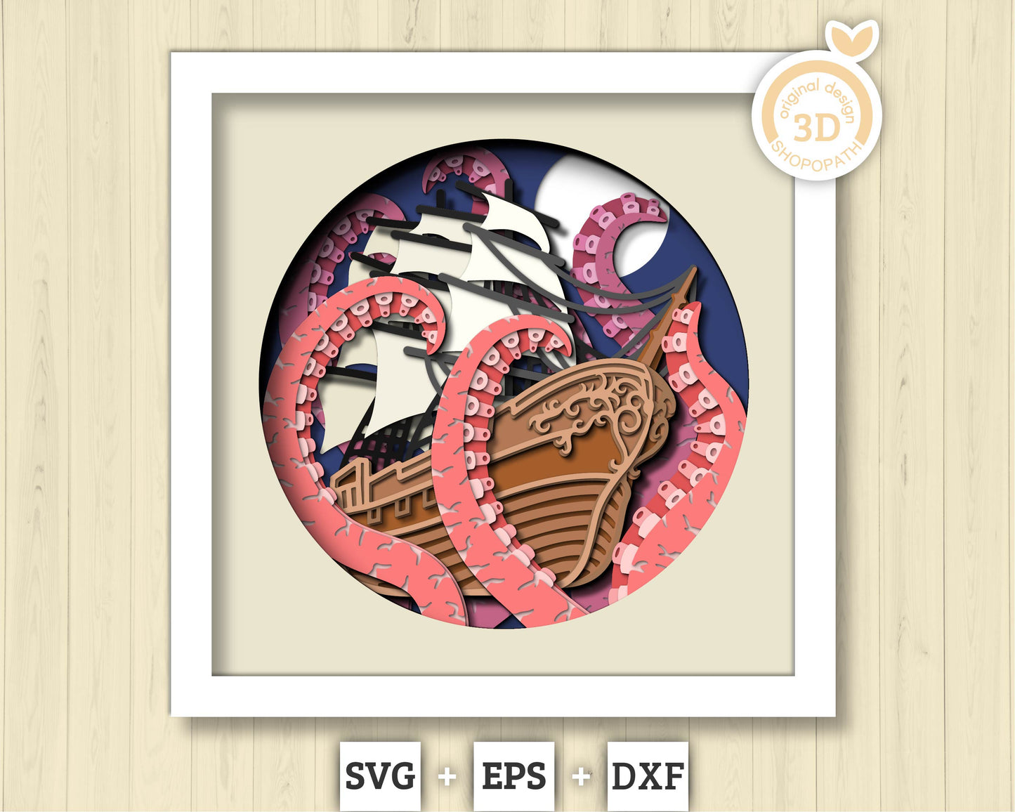 3D SVG Sailing Ship With Tentacles Lace Frame Shadow Box, Ship 3D Svg, Octopus 3d Svg, Summer 3d Svg, Sailboat 3d svg, Cricut Silhouette