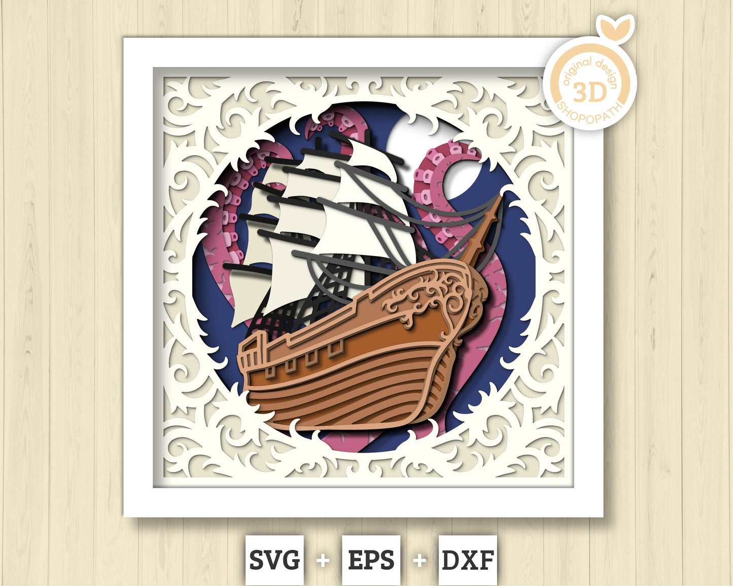 3D SVG Sailing Ship With Tentacles Lace Frame Shadow Box, Ship 3D Svg, Octopus 3d Svg, Summer 3d Svg, Sailboat 3d svg, Cricut Silhouette