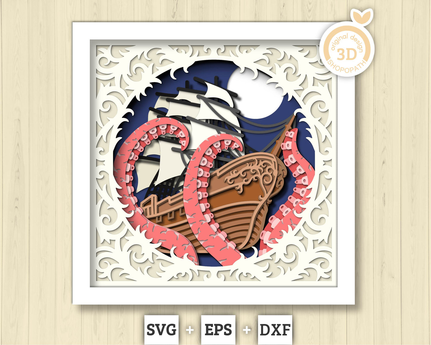 3D SVG Sailing Ship With Tentacles Lace Frame Shadow Box, Ship 3D Svg, Octopus 3d Svg, Summer 3d Svg, Sailboat 3d svg, Cricut Silhouette