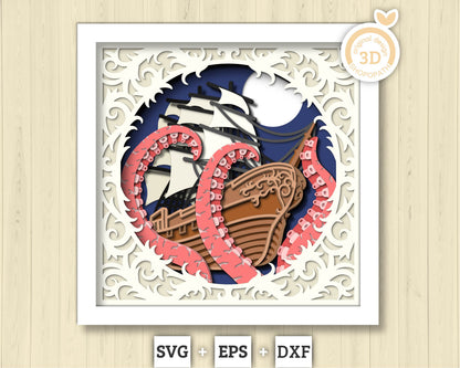 3D SVG Sailing Ship With Tentacles Lace Frame Shadow Box, Ship 3D Svg, Octopus 3d Svg, Summer 3d Svg, Sailboat 3d svg, Cricut Silhouette