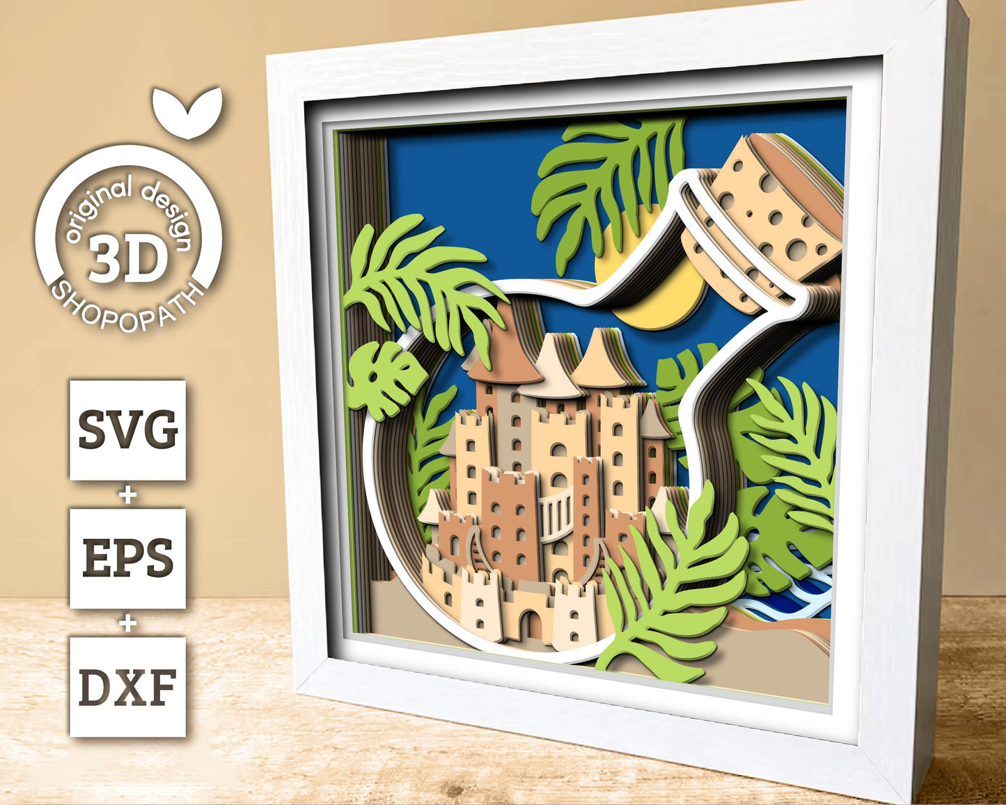 3D SVG Sand Castle In Bottle Shadow Box, Sand Castle 3D Svg, Beach 3d Svg, Sea 3D svg , Summer 3d Svg, Palm Tree 3d svg, Cricut Silhouette