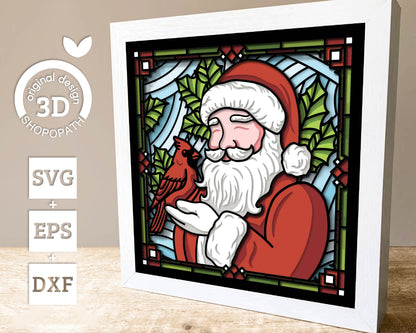 Santa with Cardinal Stained Glass - 3D Shadow Box Layered SVG DXF EPS (Cutting Files)