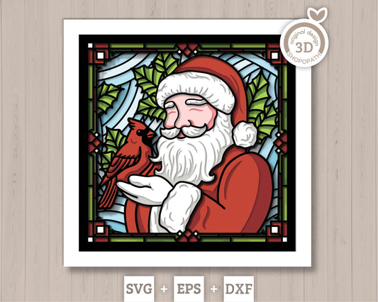 Santa with Cardinal Stained Glass - 3D Shadow Box Layered SVG DXF EPS (Cutting Files)
