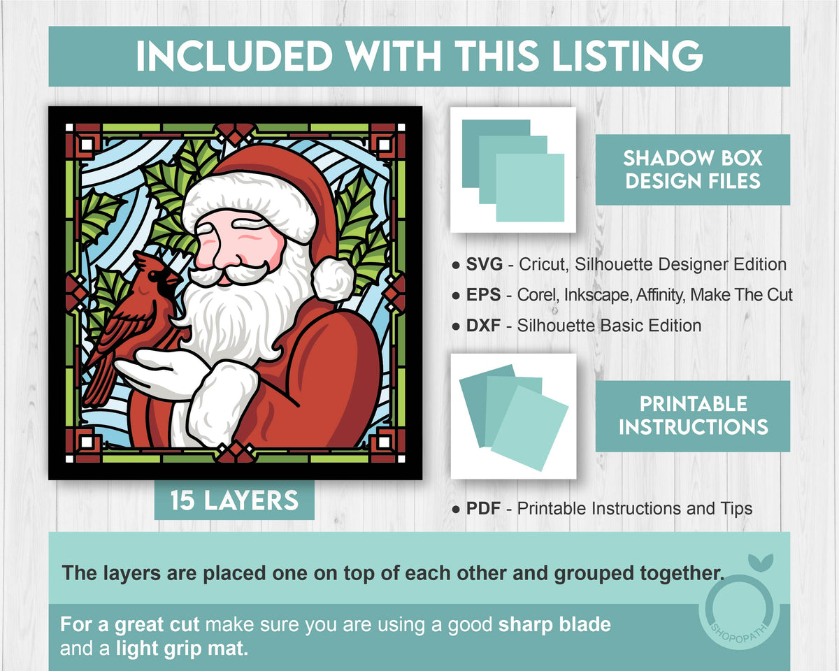 Santa with Cardinal Stained Glass - 3D Shadow Box Layered SVG DXF EPS (Cutting Files)