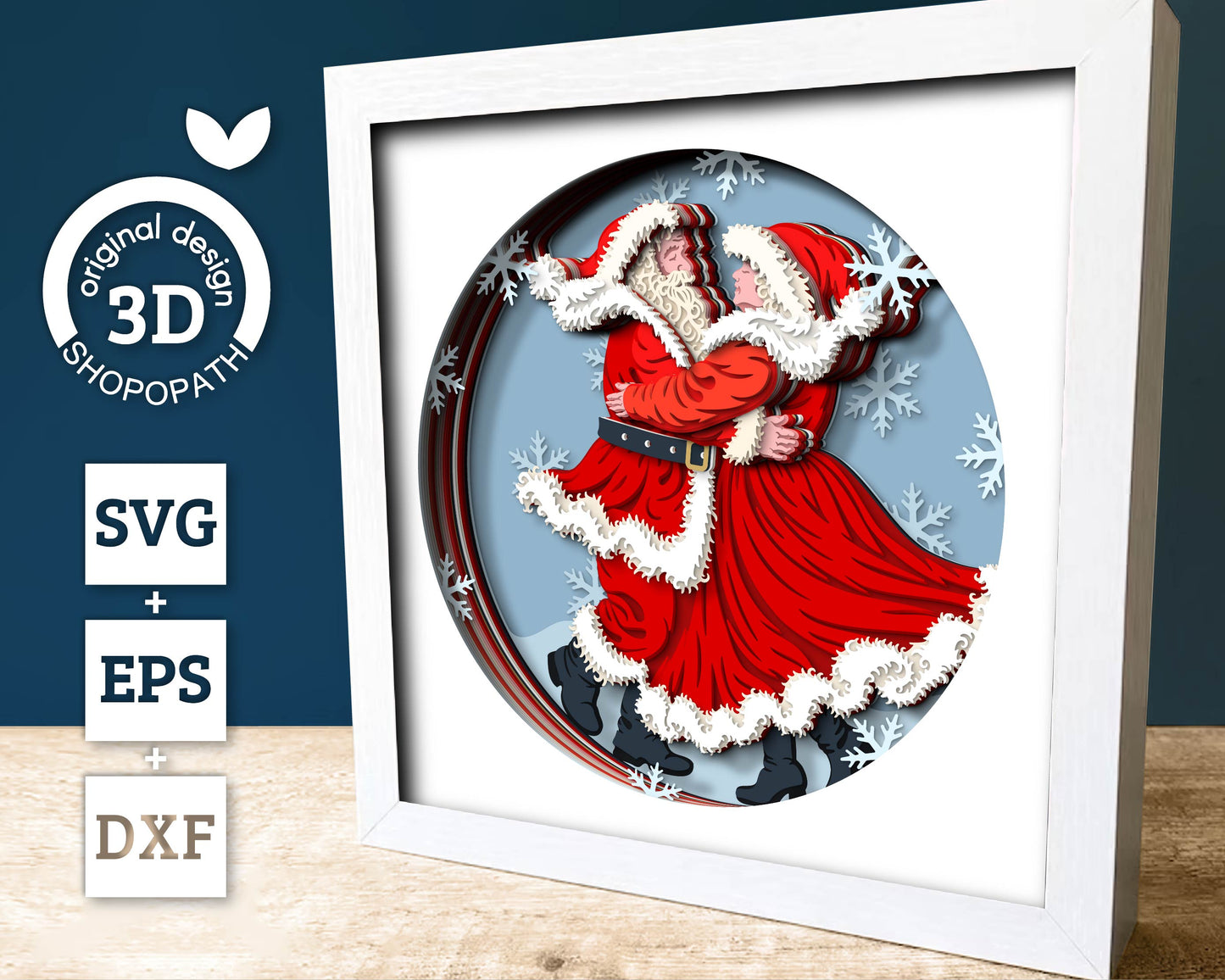 Mr. & Mrs. Claus Dancing in Snow - 3D Shadow Box Layered SVG DXF EPS (Cutting Files)