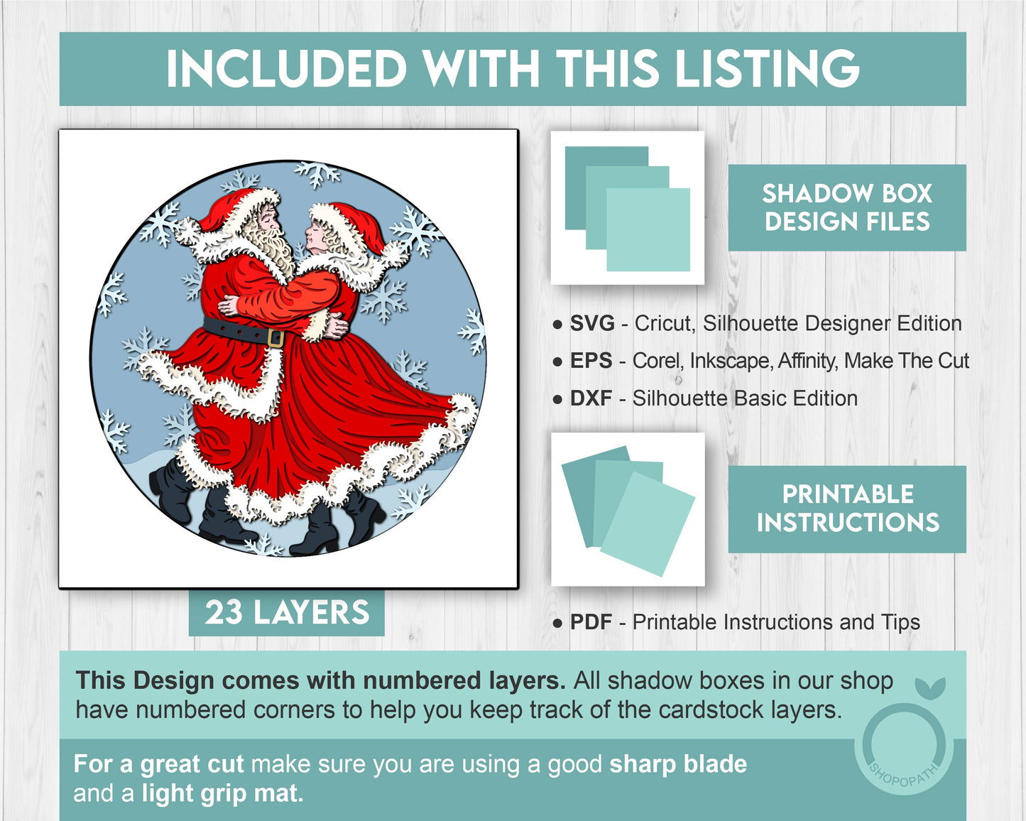 Mr. & Mrs. Claus Dancing in Snow - 3D Shadow Box Layered SVG DXF EPS (Cutting Files)