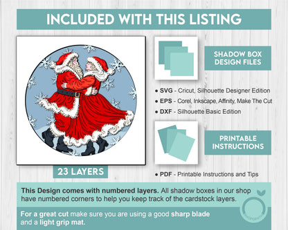 Mr. & Mrs. Claus Dancing in Snow - 3D Shadow Box Layered SVG DXF EPS (Cutting Files)