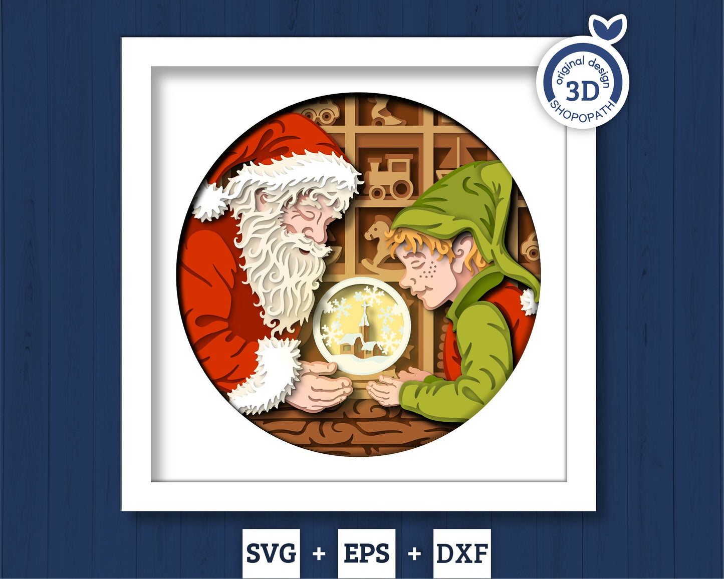 Elf with Santa Claus - 3D Shadow Box Layered SVG DXF EPS (Cutting Files)