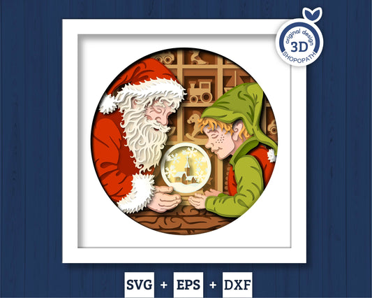Elf with Santa Claus - 3D Shadow Box Layered SVG DXF EPS (Cutting Files)