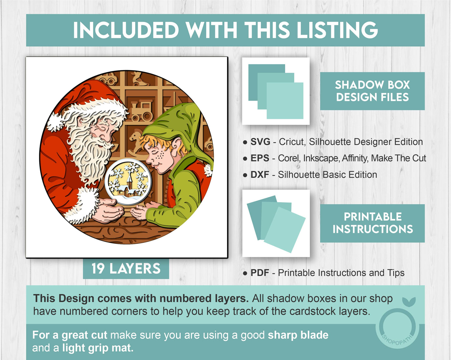 Elf with Santa Claus - 3D Shadow Box Layered SVG DXF EPS (Cutting Files)