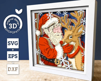 Santa Claus with Reindeer - 3D Shadow Box Layered SVG DXF EPS (Cutting Files)