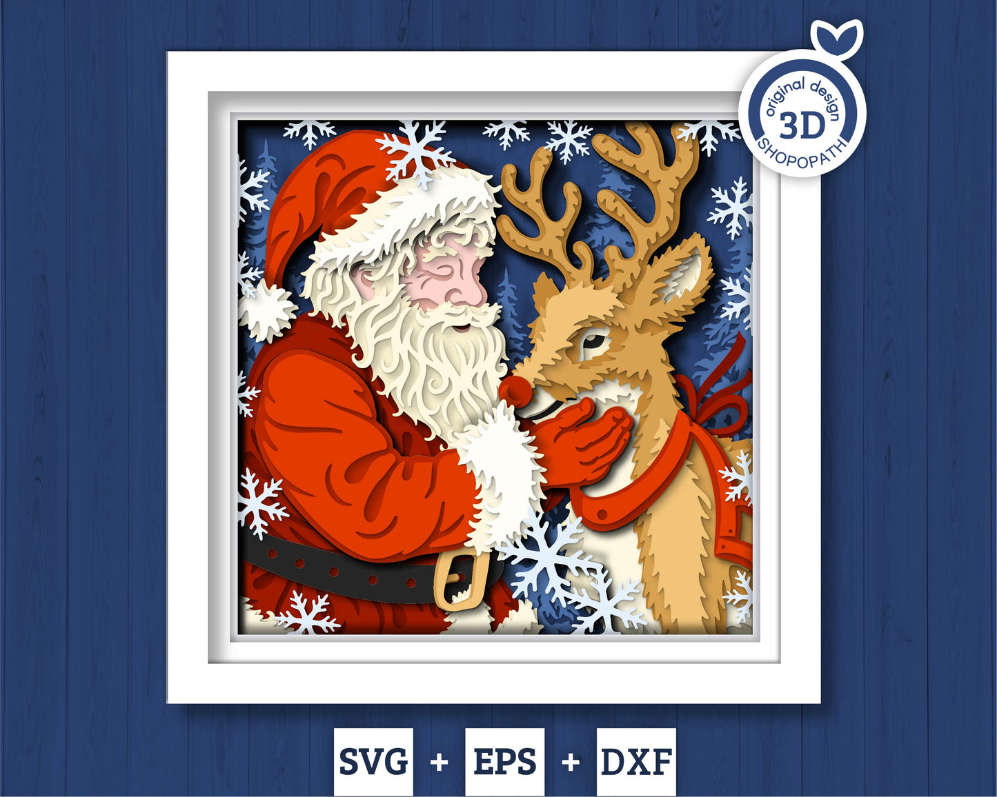 Santa Claus with Reindeer - 3D Shadow Box Layered SVG DXF EPS (Cutting Files)