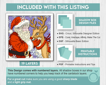 Santa Claus with Reindeer - 3D Shadow Box Layered SVG DXF EPS (Cutting Files)