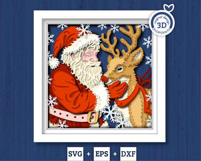 Santa Claus with Reindeer - 3D Shadow Box Layered SVG DXF EPS (Cutting Files)