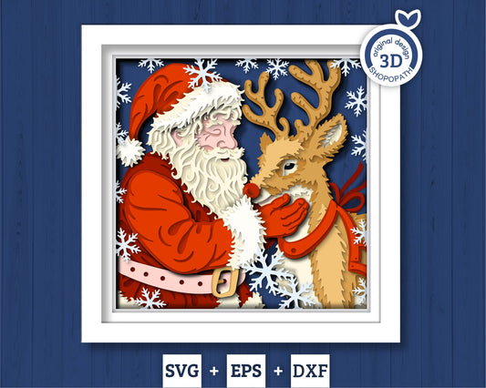 Santa Claus with Reindeer - 3D Shadow Box Layered SVG DXF EPS (Cutting Files)