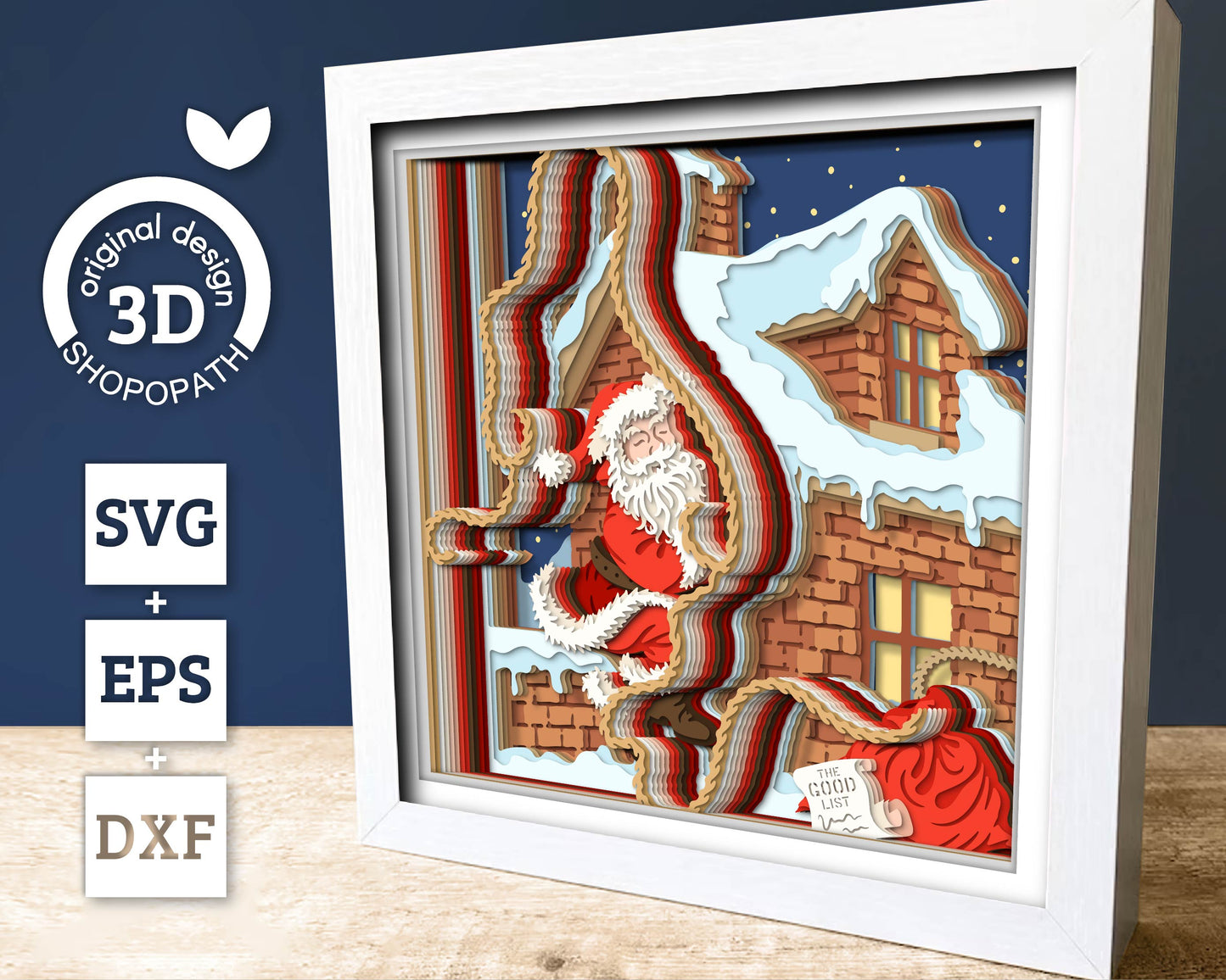 Santa Claus Climbing on Roof - 3D Shadow Box Layered SVG DXF EPS (Cutting Files)