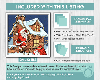 Santa Claus Climbing on Roof - 3D Shadow Box Layered SVG DXF EPS (Cutting Files)