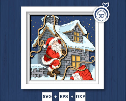 Santa Claus Climbing on Roof - 3D Shadow Box Layered SVG DXF EPS (Cutting Files)