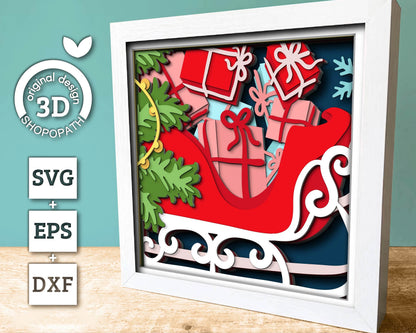 3D SVG Christmas Shadow Box, Layered Winter Svg, Santa Claus Shadow Box, Santa's Sleigh 3D Svg, Christmas Gifts 3d Svg, Cricut Silhouette