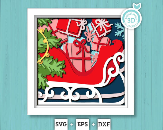 3D SVG Christmas Shadow Box, Layered Winter Svg, Santa Claus Shadow Box, Santa's Sleigh 3D Svg, Christmas Gifts 3d Svg, Cricut Silhouette